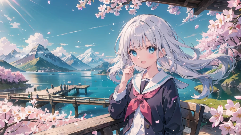 (masterpiece), scenery, Mountain Horizon, cherry blossoms, petal, Particles of light, Upper Body, One girl, Sailor, Wavy Hair, Floating Hair, smile, Sitting, Open your mouth, Particles of light, Silver Hair, Aqua Eye, View your viewers, Face Focus