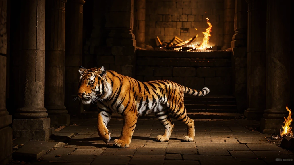 A fierce tiger outfitted in armor that flickers like flames, stalking through a dark, ancient temple.