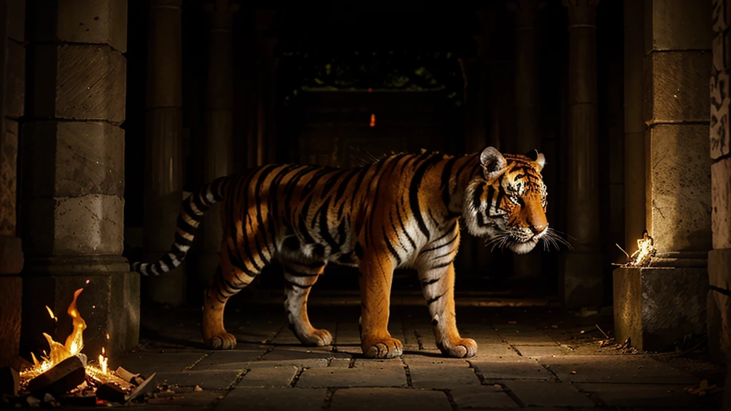 A fierce tiger outfitted in armor that flickers like flames, stalking through a dark, ancient temple.