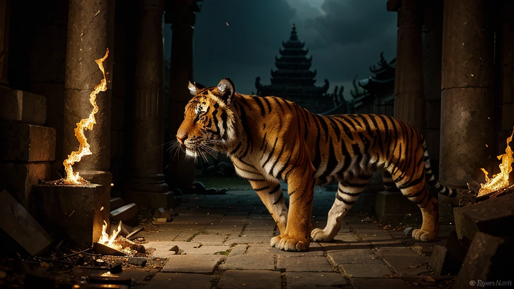 A fierce tiger outfitted in armor that flickers like flames, stalking through a dark, ancient temple.