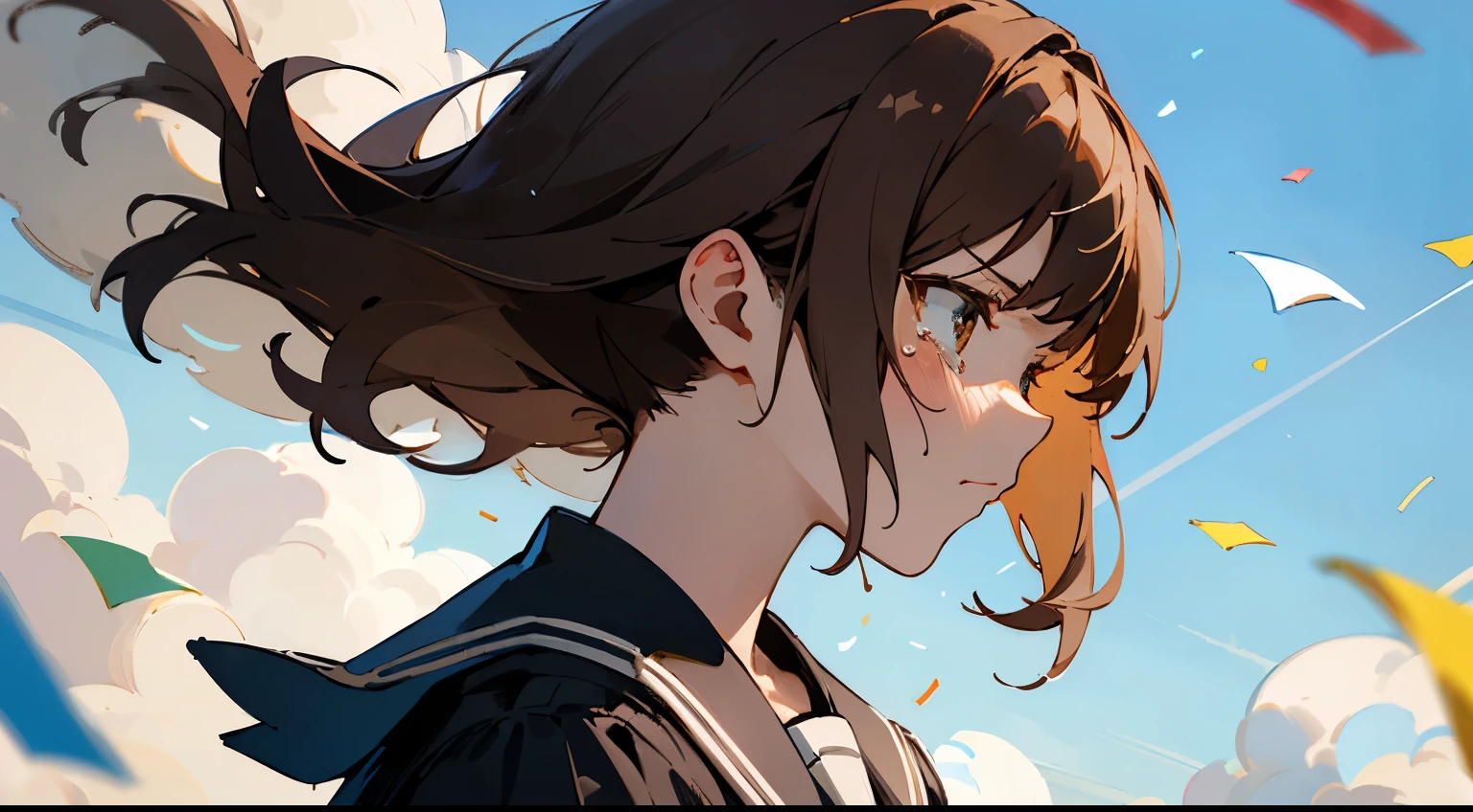 ((Highest quality)), ((masterpiece)), ((Very detailed)),Girl,Angry expression，Confetti，Brown Hair,Blue sky and clouds,Tears on my cheeks,profile,student,School building