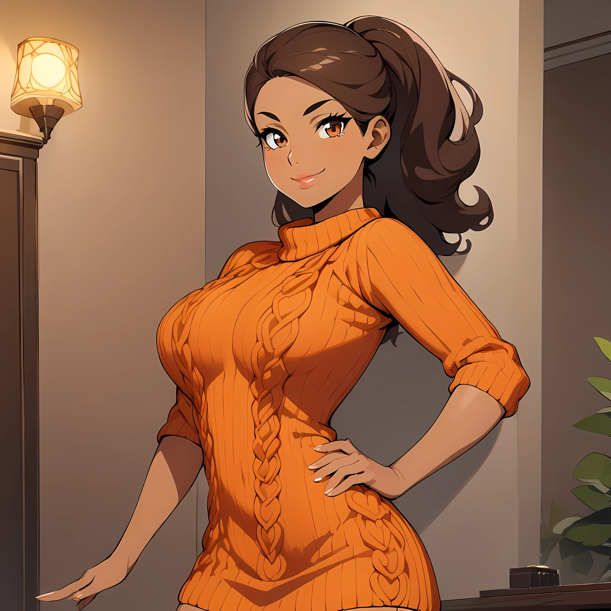 1 human girl, beautiful, standing at the corner of her room background:decorated_full_room, masterpiece, lights, highly detailed, upper_body, Round_, looking at viewers, wearing a Knit sweater dress with cable patterned, smiling, showing her dress, Hand on Hip Pose, Eyes Large, almond-shaped, dark brown, Nose Narrow and slightly hooked, Lips are Medium, natural pink, Hair Long, straight, dark brown, Skin Tone Warm medium with a golden undertone, Eyebrows Thick and arched, Cheekbones is High and defined, Chin is Rounded, ears are Small and close to the face, Resilient and determined