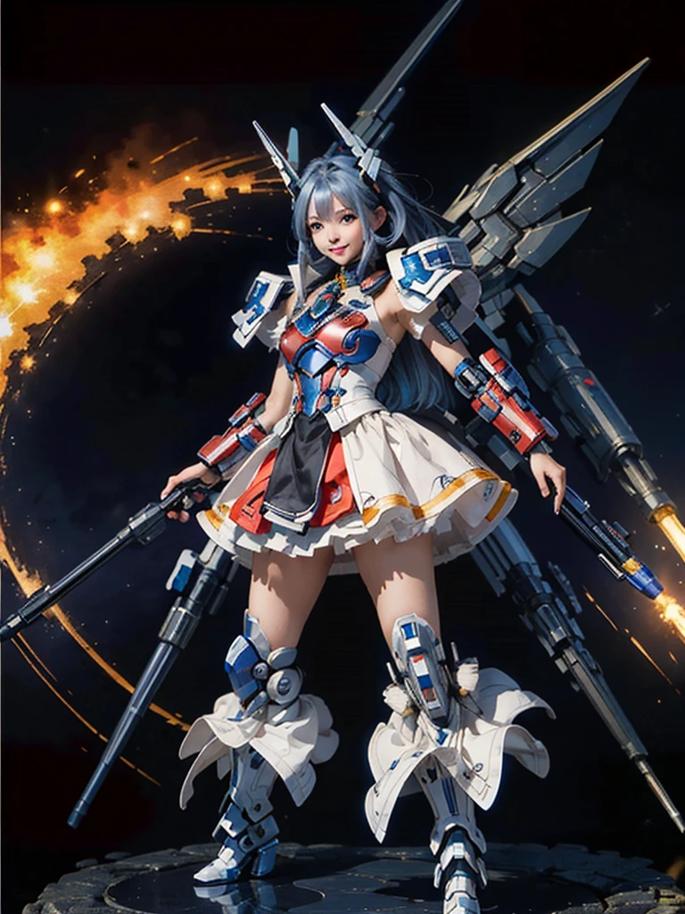masterpiece,top-quality,Ultra-detail,very detailed illustration,ighly detailed,intricate-detail,hight resolution,super complex details,Highly detailed 8k CG wallpapers, mecha musume, machine components, Robot Joint, head gear, 1girl in,solo, mecha musume, red blush,is standing,cowboy shot, starryskybackground, Background with, Shining black metallic armor、Symmetrical Full Armor、Symmetrical mechanical wing、Funnel mounting、highleg, A smile,Being in the air、are flying、Holding a beam rifle and firing in flight、Sniping with a beam rifle in flight、