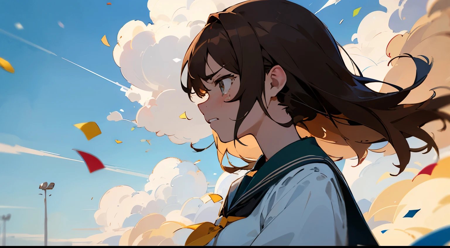 ((Highest quality)), ((masterpiece)), ((Very detailed)),Girl,Angry expression,Confetti,Brown Hair,Blue sky and clouds,Tears on my cheeks,profile,student,School building
