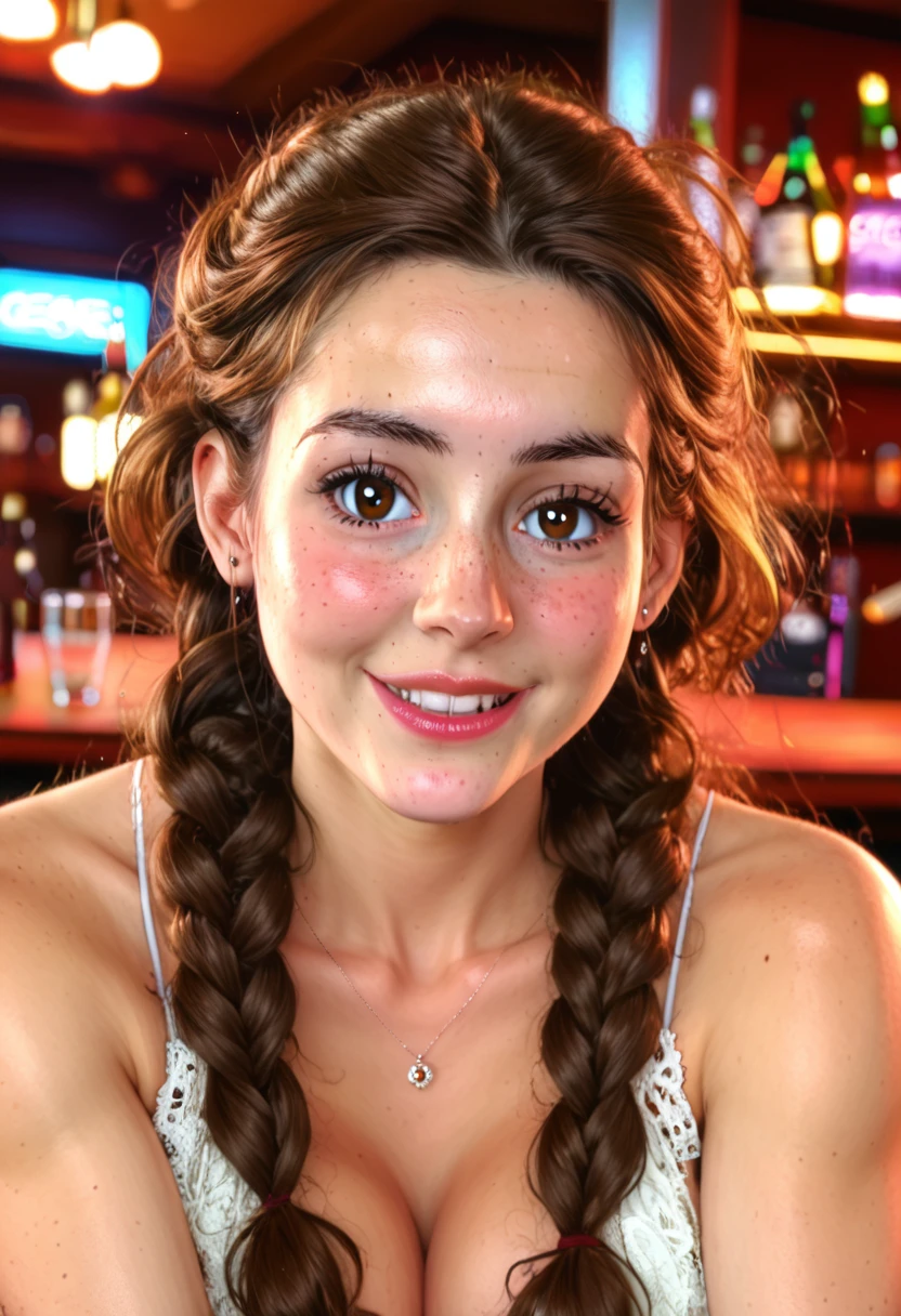 (GeGe:1.9), (woman), (brunette), (brown eyes), (freckles), portrait photo of  beautiful woman brown hair triple braids, nightclub sitting at bar (masterpiece) (best quality) (detailed) (8k) (HDR) (wallpaper) (cinematic lighting) (sharp focus) (intricate)