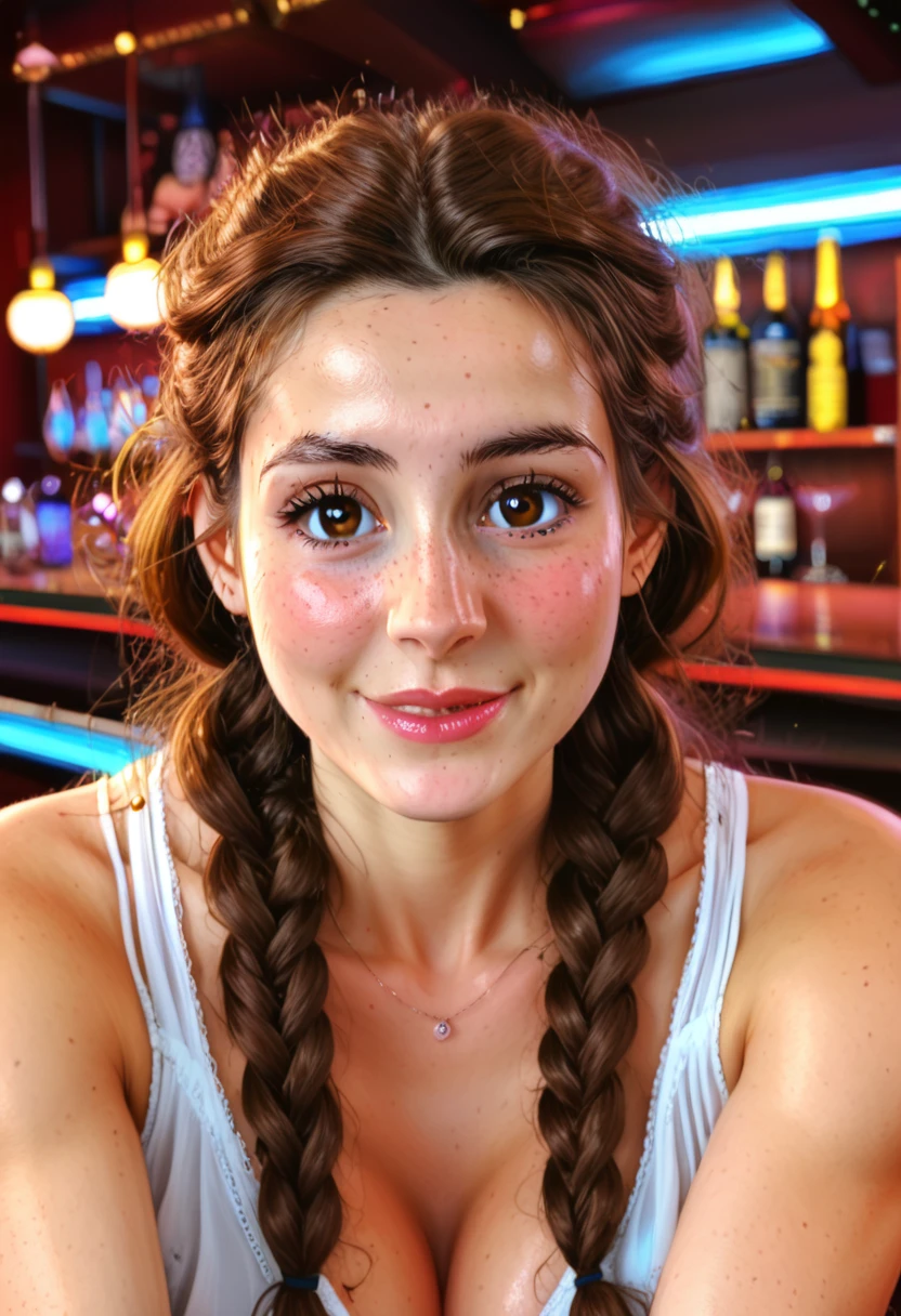 (GeGe:1.9), (woman), (brunette), (brown eyes), (freckles), portrait photo of  beautiful woman brown hair triple braids, nightclub sitting at bar (masterpiece) (best quality) (detailed) (8k) (HDR) (wallpaper) (cinematic lighting) (sharp focus) (intricate)