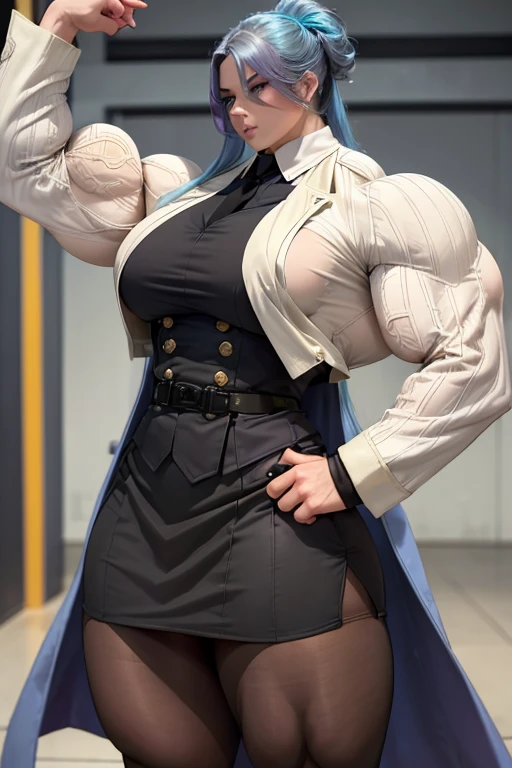 ((Massive, beautiful, buff, pale white skinned muscular woman with cyan hair, purple eyes, black lipstick, ginormous bulky muscles)), ((close view)), ((((long sleeve military overcoat)))), ((long sleeve military overcoat)), necktie, blazer, ((((military officer uniform)))), (((waistcoat))), (((military officer uniform))), (((pencil skirt))), (((pencil skirt))), tie clip, pocket square, cloves, (hose), high heels, (close view), (massive muscles), hyper muscles, long beachy hair, in a military base,