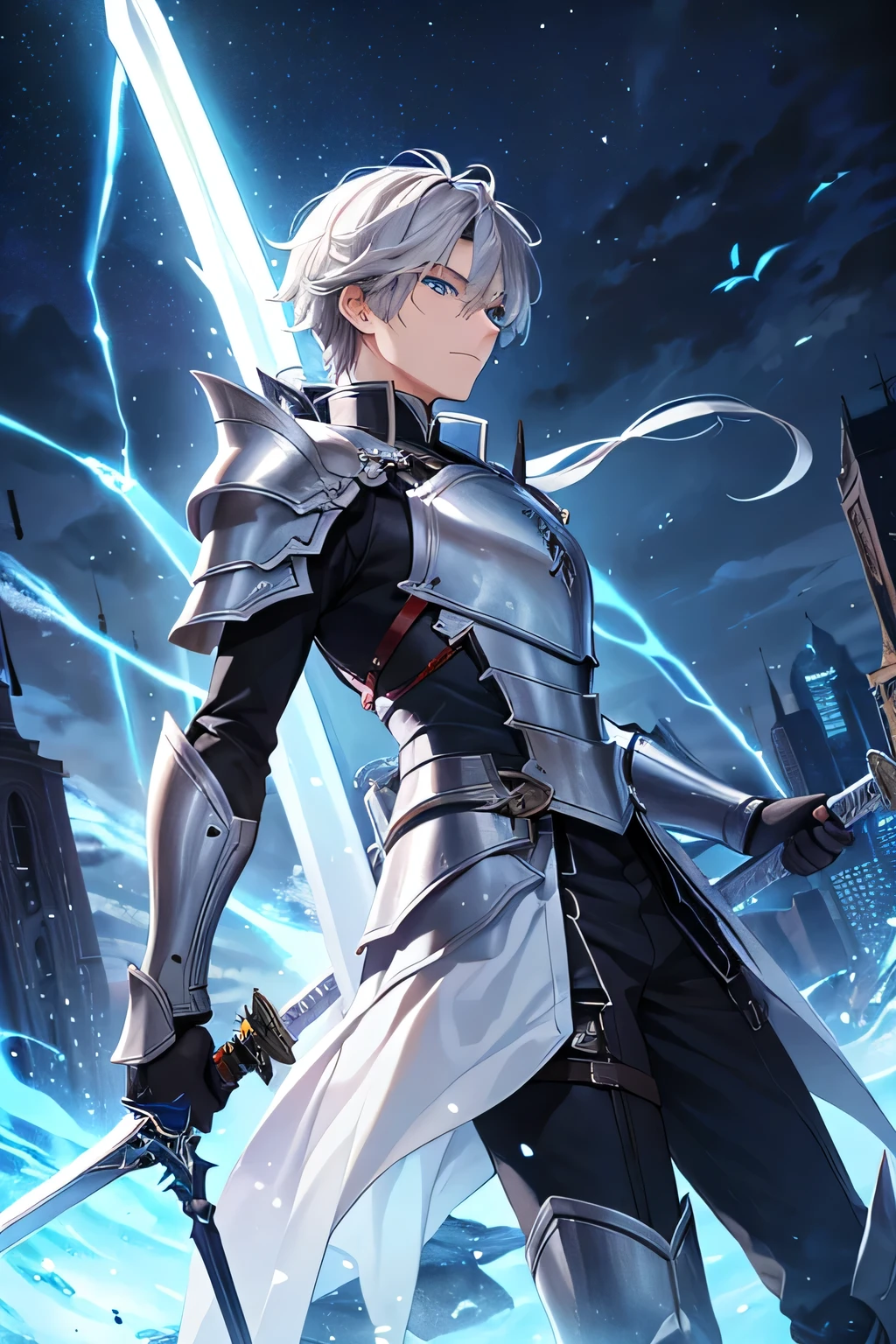masterpiece, Highest quality, , 1 Adult male,18, age, alone, Male Focus, armor,Gray Hair, blue eyes,鉄のarmor, night,, night, Half-body photo,Right facing, Swinging Sword, Side camera angle, Side view, avert your eyes