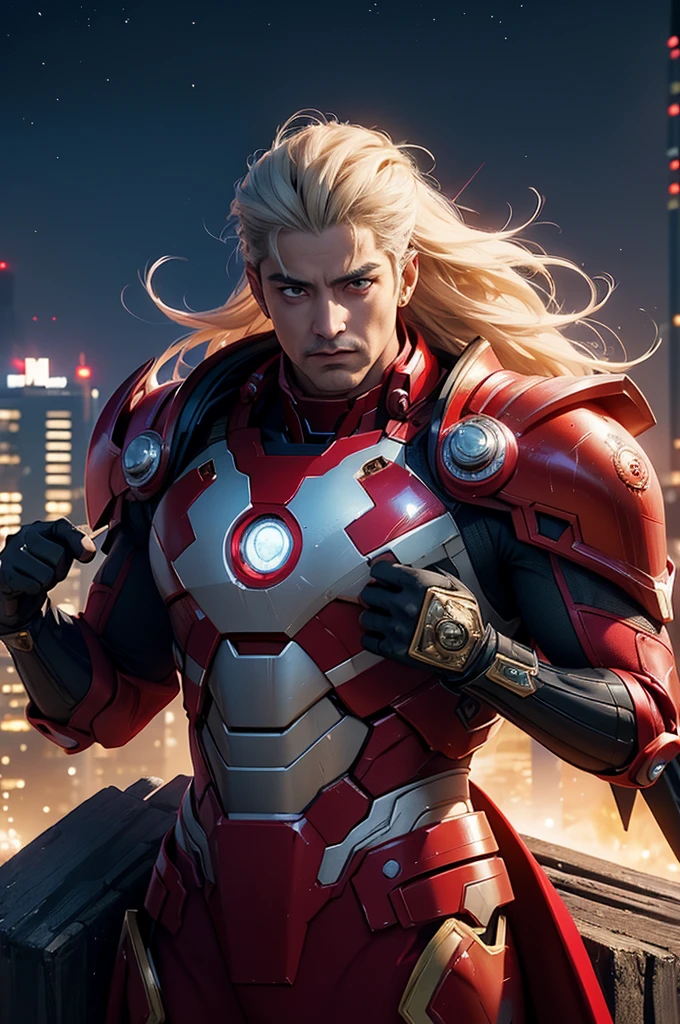 Jiraiya from Naruto, wearing the iconic Iron Man suit. He stands confidently atop a towering skyscraper, with a magnificent cityscape and a star-filled night sky in the background. His long white hair flows slightly in the wind, and his sharp eyes, filled with determination and spirit, radiate confidence. His suit, consisting of advanced metal armor in striking red and gold colors, looks strong and accentuates his figure as an elegant superhero. Jiraiya's right hand grips the Iron Man helmet, ready to fight his enemies. His face exudes courage and resolve, prepared for any adventure that comes his way. The combination of his extraordinary physical strength and ninja abilities with Iron Man's advanced technology makes him a symbol of freedom and adventure. Graduation Mode, anime-style animation mixed with traditional European art in a modern cyberpunk fantasy world. Cinematic lighting, ethereal light, intricate detail, very detailed, colorful, complex detail, hypermaximalist, extremely detailed and intricate, with rich colors. Masterpiece, highest quality, aerial view, HDR, UHD, unreal engine. Looking at the camera, sparkling jewelry, acrylic illustration by Artgerm, Kawacy, and John Singer Sargent, magnificent cityscape background, sparkling jewelry, representative, fair skin, handsome face, rich in high-quality detail, beautiful, glamorous, 8k, super detailed, stunning light and shadow, intricate decorations, highly detailed lines.