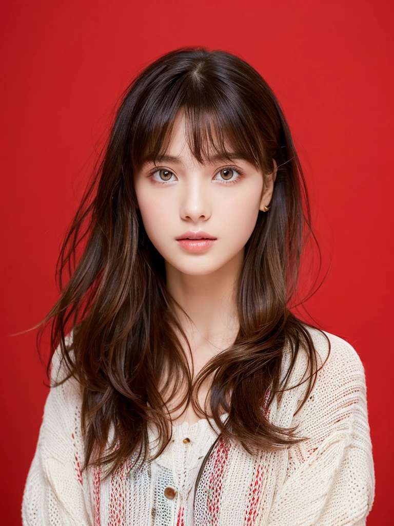 masterpiece), (highest quality), (Super detailed), (messy hair), (shape), (one girl), (fashionable clothes), Are standing, Fashion Model, (interview), (simple red background), fine and beautiful eyes, delicate beautiful face, floating, (high color saturation),  focus on face, ponytail, black hair, bangs,floating Hairs, (shining), best writing, best shadow,stylish living room