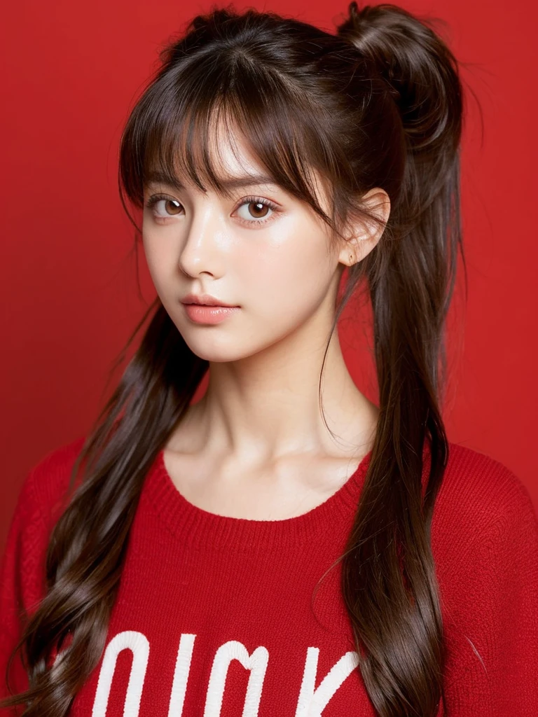masterpiece), (highest quality), (Super detailed), (messy hair), (shape), (one girl), (fashionable clothes), Are standing, Fashion Model, (interview), (simple red background), fine and beautiful eyes, delicate beautiful face, floating, (high color saturation), focus on face, ponytail, black hair, bangs,floating Hairs, (shining), best writing, best shadow,stylish living room