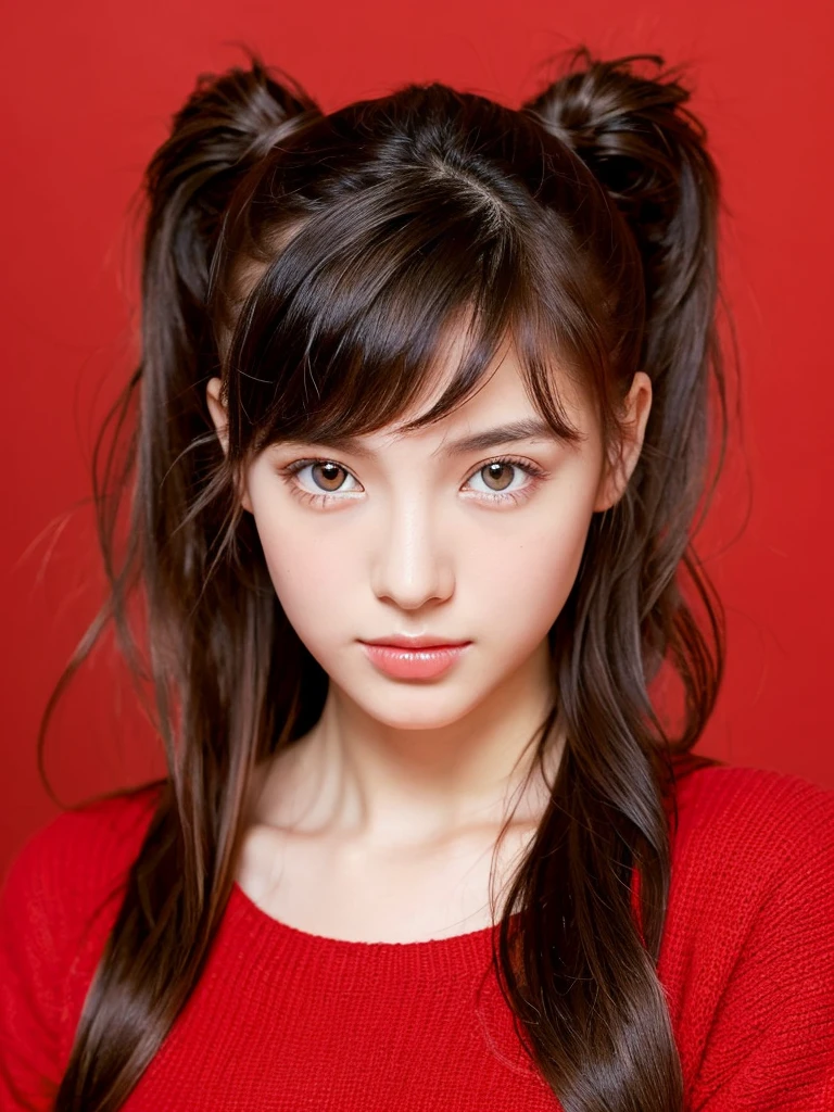 (masterpiece), (highest quality), (Super detailed), (messy hair), (shape), (one japanese girl), (fashionable labe bra), Are standing, Fashion Model, (interview), (simple red background), fine and beautiful eyes, delicate beautiful face, floating, (high color saturation), focus on face, ponytail, blond hair, bangs,floating Hairs, (shining), best writing, best shadow,stylish living room