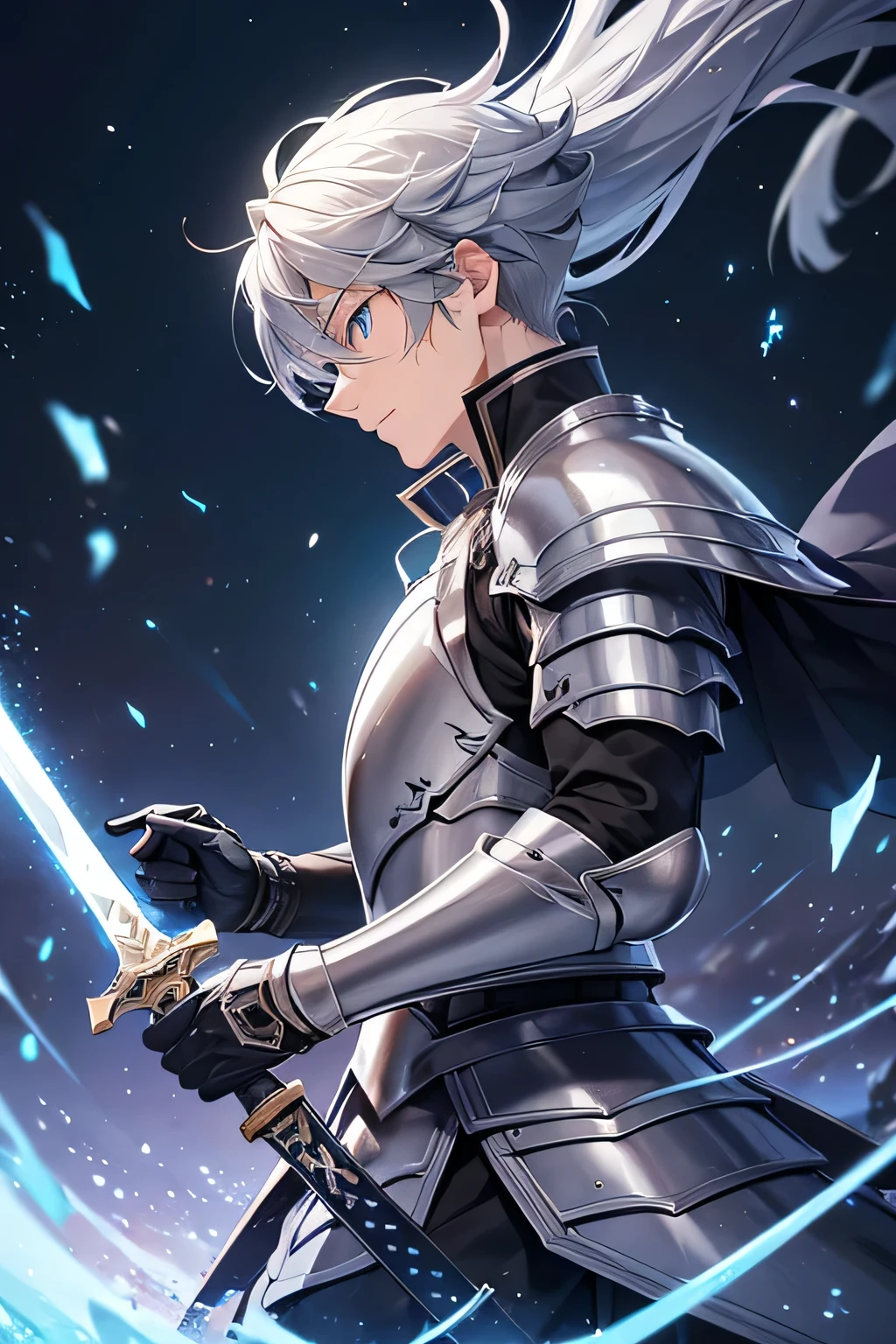 masterpiece, Highest quality, , 1 Adult male,18, age, alone, Male Focus, armor,Gray Hair, blue eyes,鉄のarmor, night,, night, Half-body photo,Right facing, Swinging Sword, Side camera angle, Side view, avert your eyes