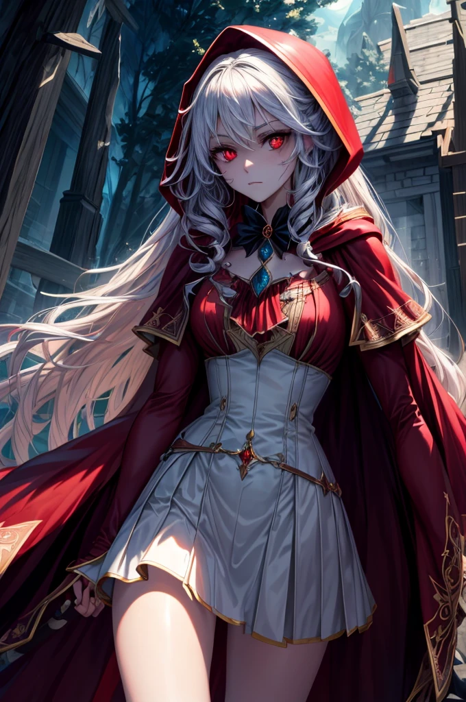 (Highest quality,4K,High resolution,masterpiece:1.2),Super detailed,Realistic:1.37,Portraiture,Dark fantasy,Red color scheme,Soft lighting,Emotional,Enchanted Forest,Ominous atmosphere,Eye-catching,Storytelling,anatomy,Anime Style,Concept Art,Beautiful detailed face and (((Red eyes ))),Flowing Hair,emotional expression,Jewelry made with attention to detail,A cape with an intricate pattern,Strong gaze,Cape with feather detailing,Subtle Shadows,Dynamic pose,A magnificent composition,Mysterious Background,Natural elements,Moonlit Night,wood々The wind blowing between,Eerie presence,Revealing character strengths and weaknesses,A striking contrast between the red cape and its surroundings,Fascinating story,Rich texture,Depth and Dimension,Highlight the charm and resilience of your characters. (((Little Red Riding Hood))), (Blood splatter:1.3)