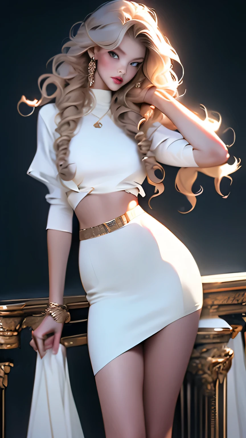 (Surreal), (picture), (High resolution), (In 8K), (Very detailed), (Best Illustration Photos), (Beautiful and fine details), (Highest quality), (Ultra-detailed), (masterpiece), (wallpaper), (Detailed face), solo, One Girl, White Wavy Hair, Korean Beauty, iridescent heterochromatic eyes, Loose light white shirt, White maid outfit, Long legs, Toned Abs, stockings、((Curly hair in braids、good1))、