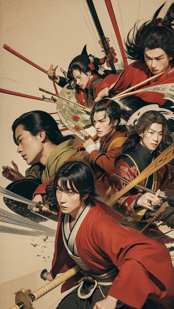 "An illustration of the Bakumatsu period with a young Eiichi Shibusawa involved in the Sonnō jōi movement, surrounded by samurai and political turmoil, symbolizing his participation in anti-shogunate activities."
