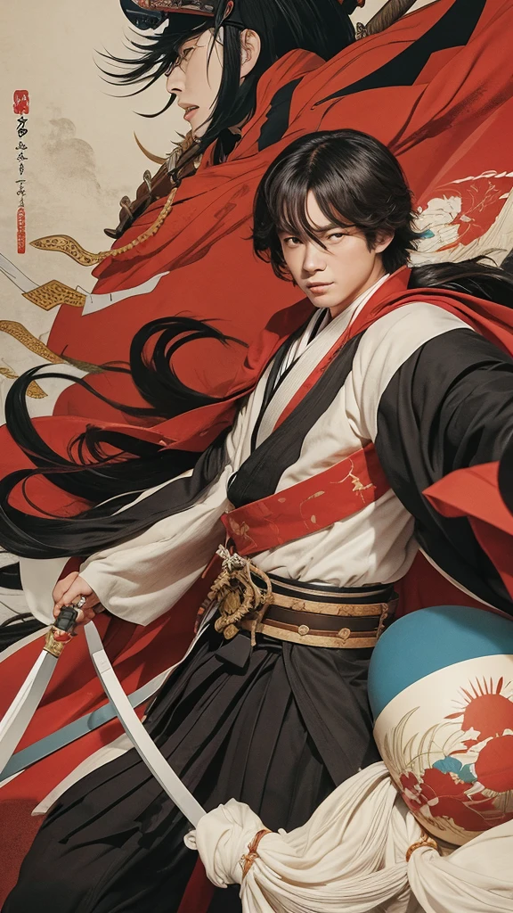 "An illustration of the Bakumatsu period with a young Eiichi Shibusawa involved in the Sonnō jōi movement, surrounded by samurai and political turmoil, symbolizing his participation in anti-shogunate activities."
