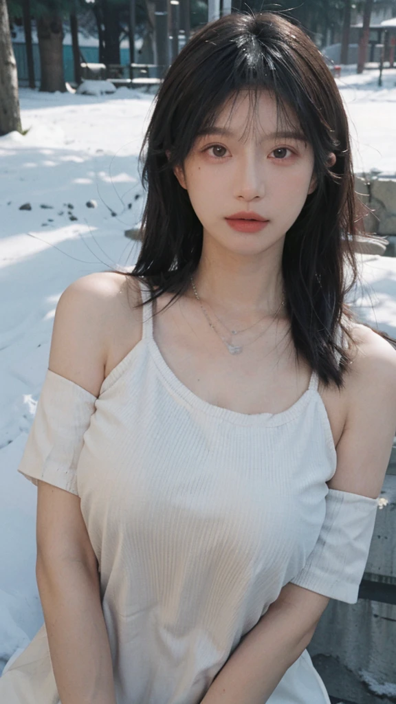 Portrait photography,1 girl,snow,Snow Scene,Heavy makeup,Bare shoulders,Lipstick,(Big breasts:1.4),Shoulder-Length Wavy Hair,Wear a necklace,scarf,Earring short sleeves,serene,calm,(Realistic and detailed eyes,Natural skin texture,Realistic facial details),whole body:1.4,
