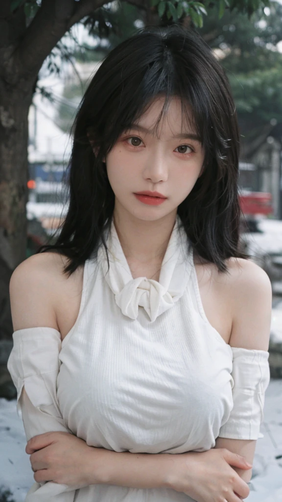 Portrait photography,1 girl,snow,Snow Scene,Heavy makeup,Bare shoulders,Lipstick,(Big breasts:1.4),Shoulder-Length Wavy Hair,Wear a necklace,scarf,Earring short sleeves,serene,calm,(Realistic and detailed eyes,Natural skin texture,Realistic facial details),whole body:1.4,