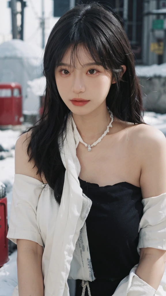 Portrait photography,1 girl,snow,Snow Scene,Heavy makeup,Bare shoulders,Lipstick,(Big breasts:1.4),Shoulder-Length Wavy Hair,Wear a necklace,scarf,Earring short sleeves,serene,calm,(Realistic and detailed eyes,Natural skin texture,Realistic facial details),whole body:1.4,