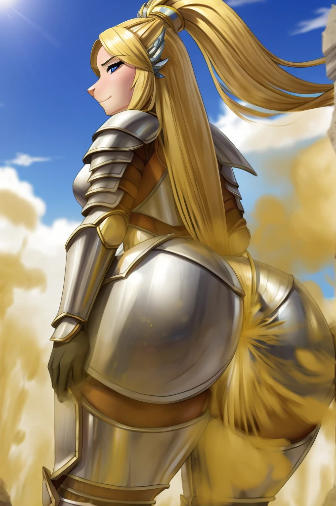 depth of field, perfect lighting, light particles, female, goddess, (sexy, long blonde hair)solo, outdoors, (butt facing viewer), ((armour)), (((farting))), macro,