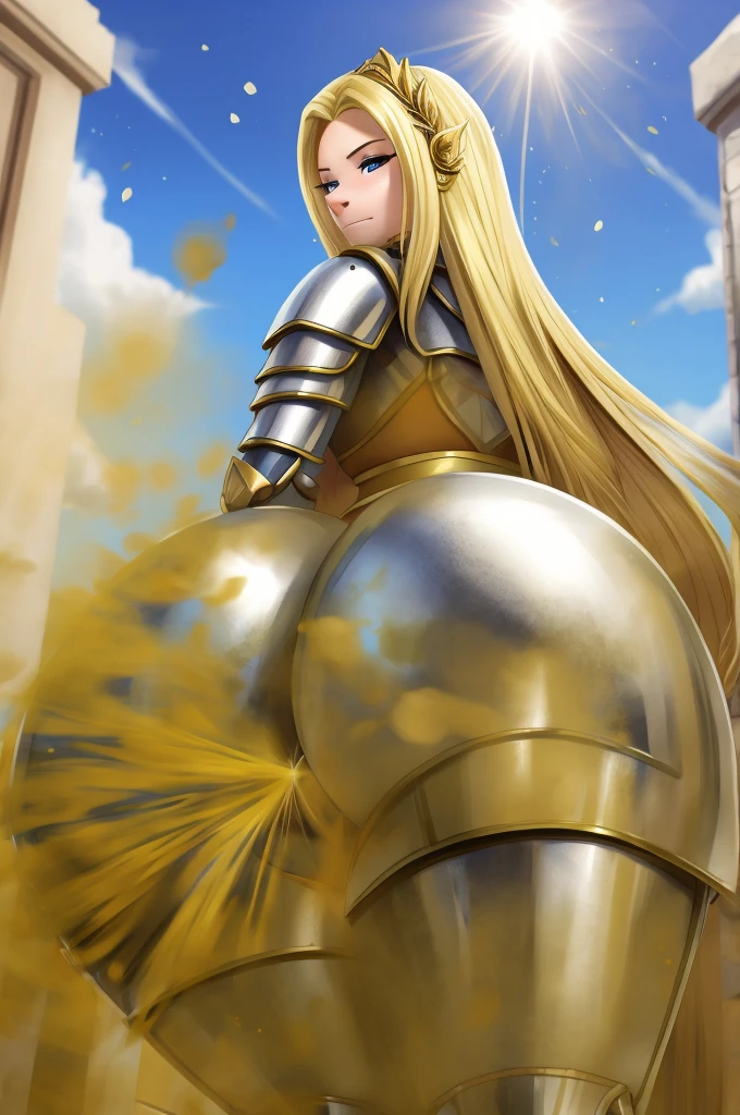 depth of field, perfect lighting, light particles, female, goddess, (sexy, long blonde hair)solo, outdoors, (butt facing viewer), ((armour)), (((farting))), macro,