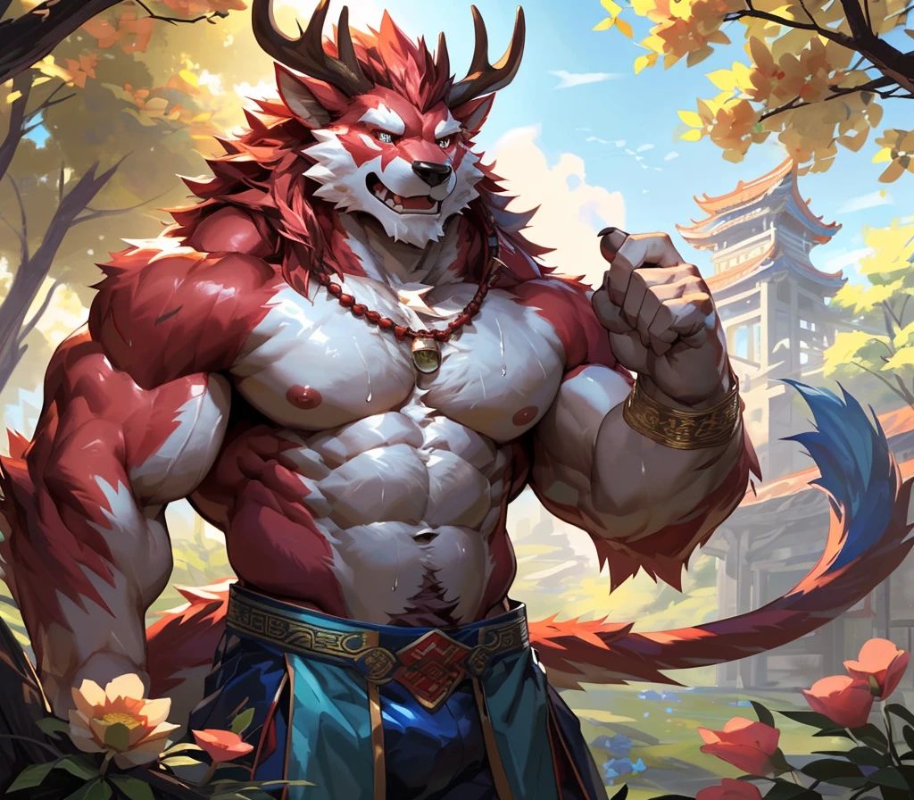 ((best quality)), ((masterpiece)), (ultra detailed), perfect face,antro baize:2.5, male , ((deep-crimson fur)), (strong beefy muscular body), ((abs, strongmuscles, 8 pack)), furry, handsome,Beautiful and delicate eyes, (ultra detailed eyes, (yellow):0.1 eyes, sharp eyes), detailed scene,full body, reflection, shirtless, topless, red cimson hair,, pink nipples, (by null-ghost,by traver009,by lindong,by pino daeni), (full body), wearing random pattern necklace, claws, ((fluffy fur, fluffy, furry body)), (qilin, a pair of antler), majestic, wind blowing, ((white belly), ((1 long tail)), big fellow, muscular male, (traditional chinese attire, (blue Hanfu)), fluffy chest hair, handsome,(Great physique),Delicate canine teeth, hairy, male, anime, (full body), sweating:0.8, standing at the outskirts, blooming with flower, spring, planted full of trees, trees hanging with various ripped fruits, solo