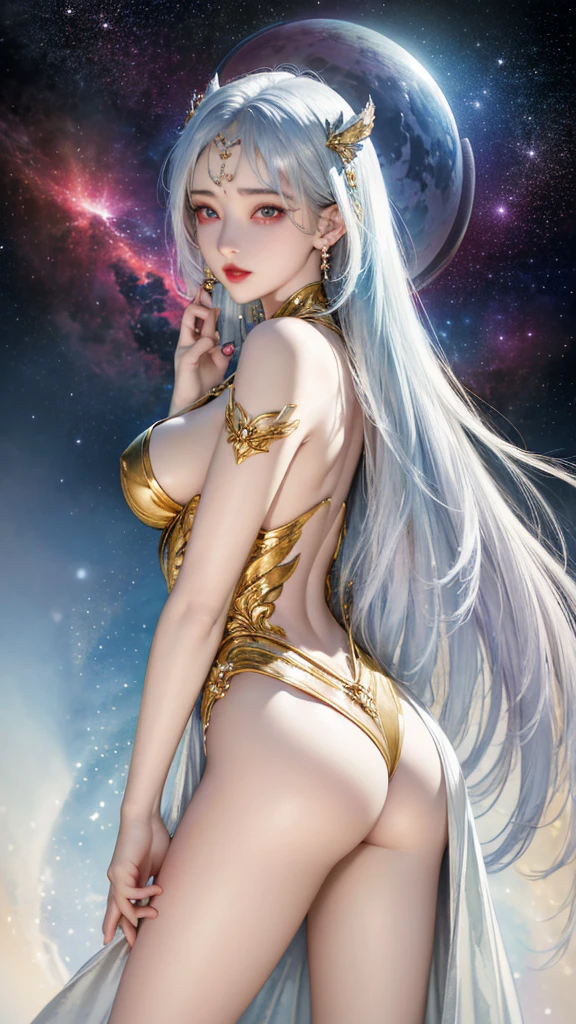 High quality work，Reality works，Super high quality graphics，8K HD CG works，High-quality graphics，High-definition and exquisite CG works，10x pixel，Extremely fine details：1.1，Advanced technical details：1.1Realistic photo effects，室内Light Effect：1.5，Natural and soft light：1.5. Light Effect（虚拟Light Effect：1.8），Ultra-high resolution，Shiny Dress，Elongated hair，Silver hair，Transparent hair，High Detail Hair（High-quality hair details：1.1）Clear eyes，Are double eyelids beautiful?，Sharp eye makeup, Create exquisite eyelashes, Sparse eyebrows, Extremely detailed eyes，high nose, Lovely red lips, rosy cheeks, Exquisite makeup on face , Pretty Face, Perfect facial proportions,（Advanced facial details：1.1） Detailed, realistic, professional photos，panorama，Full Body Love，straight lens，A girl，Blue Hair，blue eyes，White hair，Big and round breasts，float，Stand on your back，Look Back，Lift your butt，Round butt，Straight ass，Power Pose，Halation，Best Succubus，Arrogant eyes，Looking into the distance，Stand under the stars，Attention to detail，A comet and a nebula in the background，Light stress，light，Side lighting，Dark and detailed galaxy background，Female artwork，Full body video，Reality，Amazing cleavage，My eyes are bright
