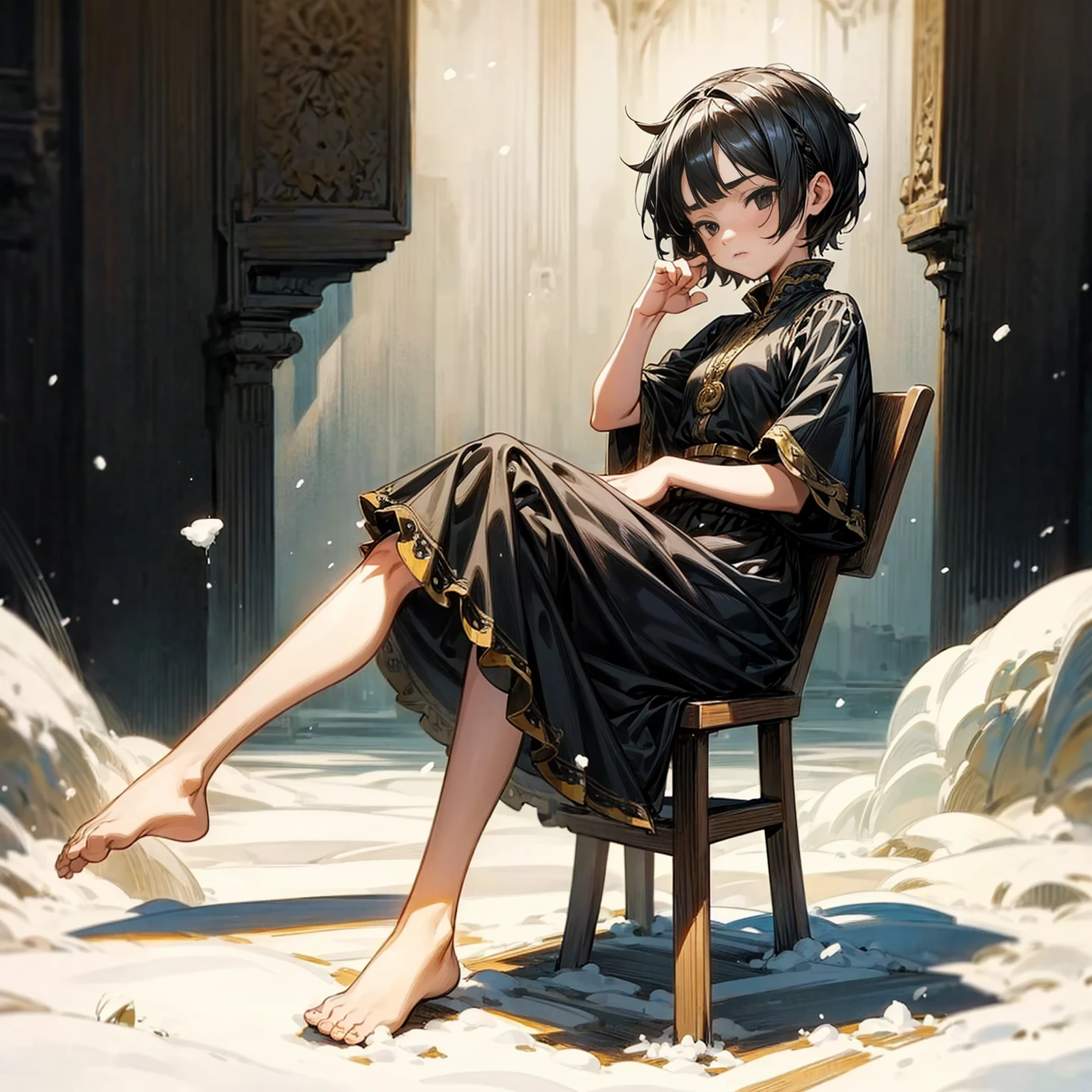 1childern girl, Full body version, 1character, children version, black eyes color, short haircut, black colour hair, Ancient Roman style clothing, long skirt, Grassroots, background in snow town, motion blur, (one piece style art), snow, sit down gesture