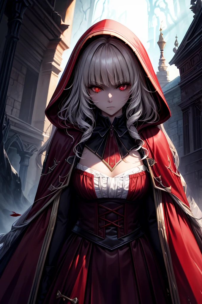 (Highest quality,4K,High resolution,masterpiece:1.2),Super detailed,Realistic:1.37,Portraiture,Dark fantasy,Red color scheme,Soft lighting,Emotional,Enchanted Forest,Ominous atmosphere,Eye-catching,Storytelling,anatomy,Anime Style,Concept Art,Beautiful detailed face and (((Red eyes ))),Flowing Hair,emotional expression,Jewelry made with attention to detail,A cape with an intricate pattern,Strong gaze,Cape with feather detailing,Subtle Shadows,Dynamic pose,A magnificent composition,Mysterious Background,Natural elements,Moonlit Night,wood々The wind blowing between,Eerie presence,Revealing character strengths and weaknesses,A striking contrast between the red cape and its surroundings,Fascinating story,Rich texture,Depth and Dimension,Highlight the charm and resilience of your characters. (((Little Red Riding Hood))), (Blood splatter:1.3)