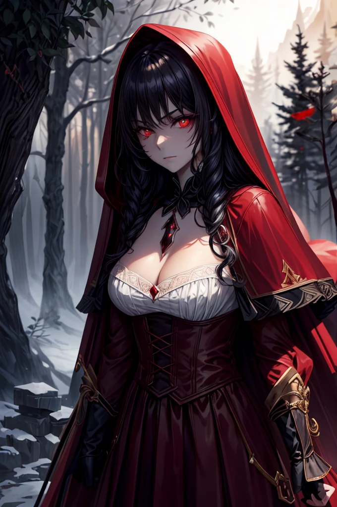 (Highest quality,4K,High resolution,masterpiece:1.2),Super detailed,Realistic:1.37,Portraiture,Dark fantasy,Red color scheme,Soft lighting,Emotional,Enchanted Forest,Ominous atmosphere,Eye-catching,Storytelling,anatomy,Anime Style,Concept Art,Beautiful detailed face and (((Red eyes ))),Flowing Hair,emotional expression,Jewelry made with attention to detail,A cape with an intricate pattern,Strong gaze,Cape with feather detailing,Subtle Shadows,Dynamic pose,A magnificent composition,Mysterious Background,Natural elements,Moonlit Night,wood々The wind blowing between,Eerie presence,Revealing character strengths and weaknesses,A striking contrast between the red cape and its surroundings,Fascinating story,Rich texture,Depth and Dimension,Highlight the charm and resilience of your characters. (((Little Red Riding Hood))), (Blood splatter:1.3)