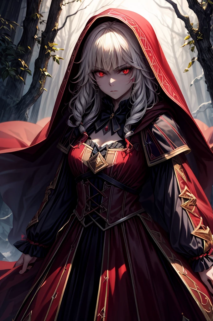 (Highest quality,4K,High resolution,masterpiece:1.2),Super detailed,Realistic:1.37,Portraiture,Dark fantasy,Red color scheme,Soft lighting,Emotional,Enchanted Forest,Ominous atmosphere,Eye-catching,Storytelling,anatomy,Anime Style,Concept Art,Beautiful detailed face and (((Red eyes ))),Flowing Hair,emotional expression,Jewelry made with attention to detail,A cape with an intricate pattern,Strong gaze,Cape with feather detailing,Subtle Shadows,Dynamic pose,A magnificent composition,Mysterious Background,Natural elements,Moonlit Night,wood々The wind blowing between,Eerie presence,Revealing character strengths and weaknesses,A striking contrast between the red cape and its surroundings,Fascinating story,Rich texture,Depth and Dimension,Highlight the charm and resilience of your characters. (((Little Red Riding Hood))), (Blood splatter:1.3)