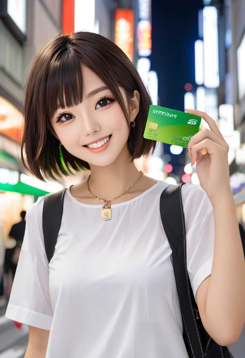 A hyper-realistic quality photo of a Japanese female college student with a K-pop idol style. She is wearing a white blouse and holding a plain green credit card in her right hand. The background is the streets of Ginza. She is smiling.