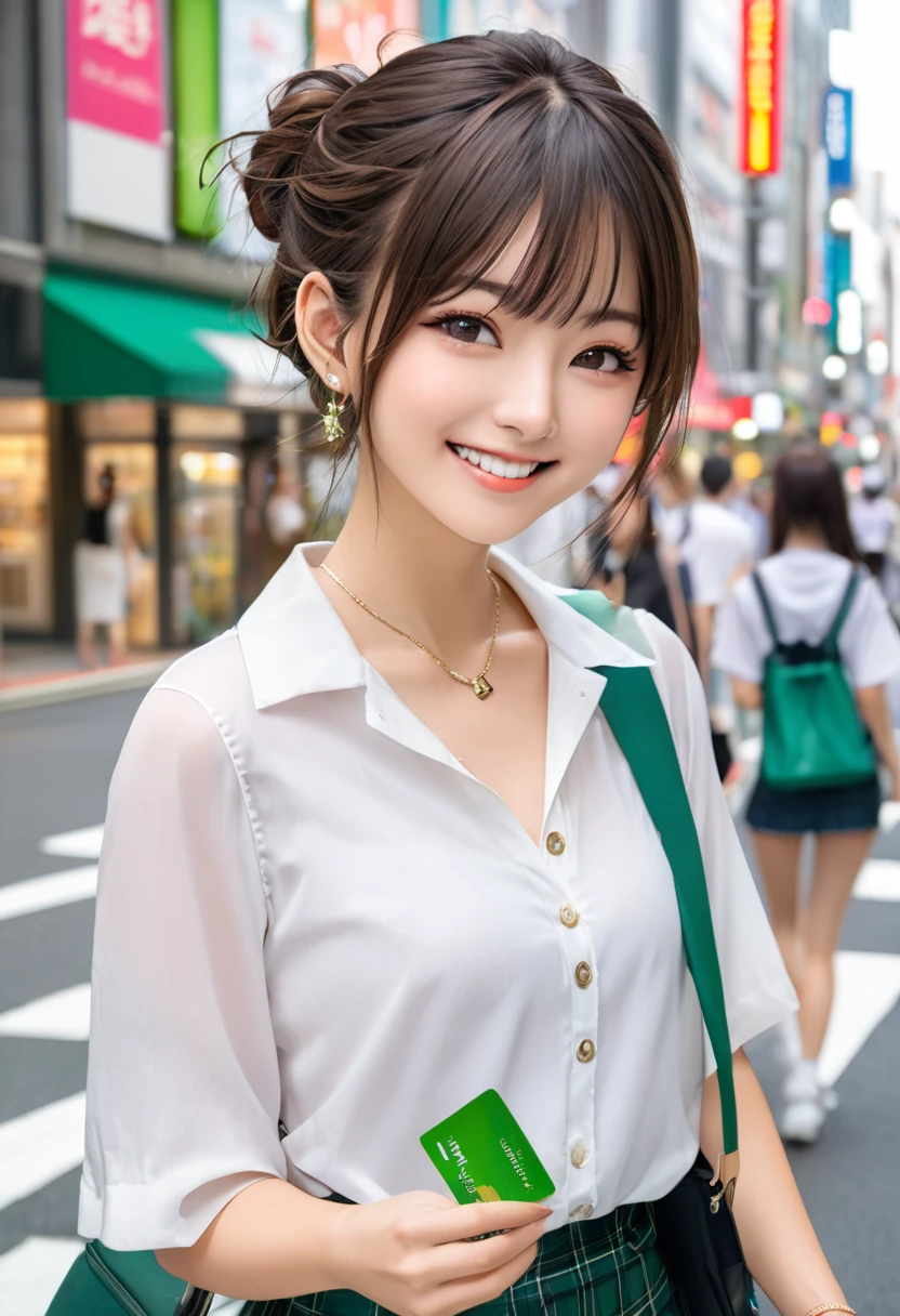 A hyper-realistic quality photo of a Japanese female college student with a K-pop idol style. She is wearing a white blouse and holding a plain green credit card in her right hand. The background is the streets of Ginza. She is smiling.