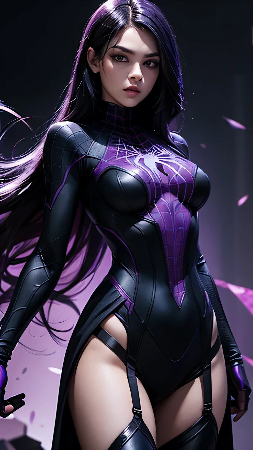 spider-woman, black suit, dangerous, beautiful eyes, violet hair, half body, masterpiece, ultra high details, dark side background