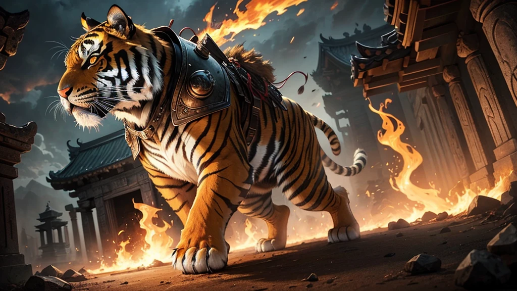 A fierce tiger outfitted in armor that flickers like flames, stalking through a dark, ancient temple.