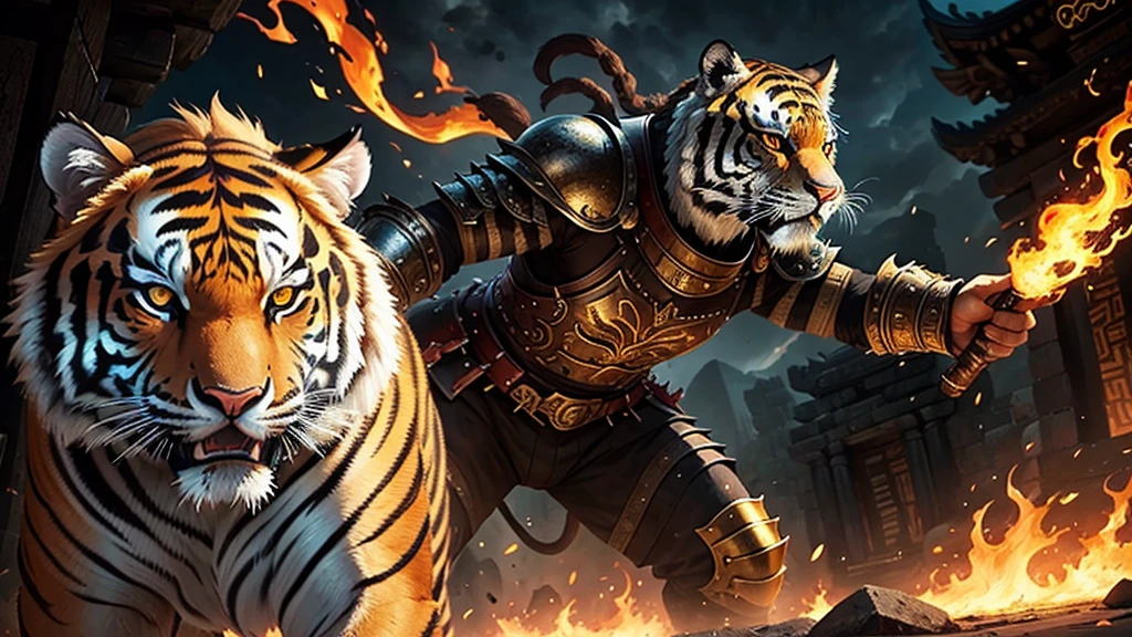 A fierce tiger outfitted in armor that flickers like flames, stalking through a dark, ancient temple.