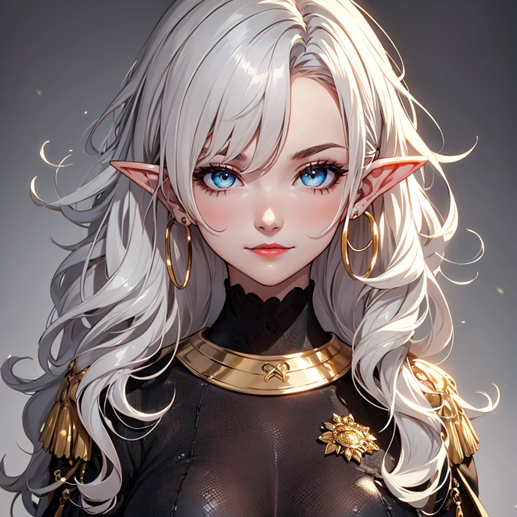Beautiful girl, (Platinum hair), ((very long curly hair)), face perfect, innocent smirk, trunk,(cerulean eyes), (yan), (mic), (slim), ((flat-chested)), ((21 years old)), skin denture, extreme detail, charming oval face, Red lips, Pink, shining skin, detailed hair, Facial Focus, Close-up chest, gold decorative necklace, gold earrings, ((1 girl)), Embarrassed expression, elf ears