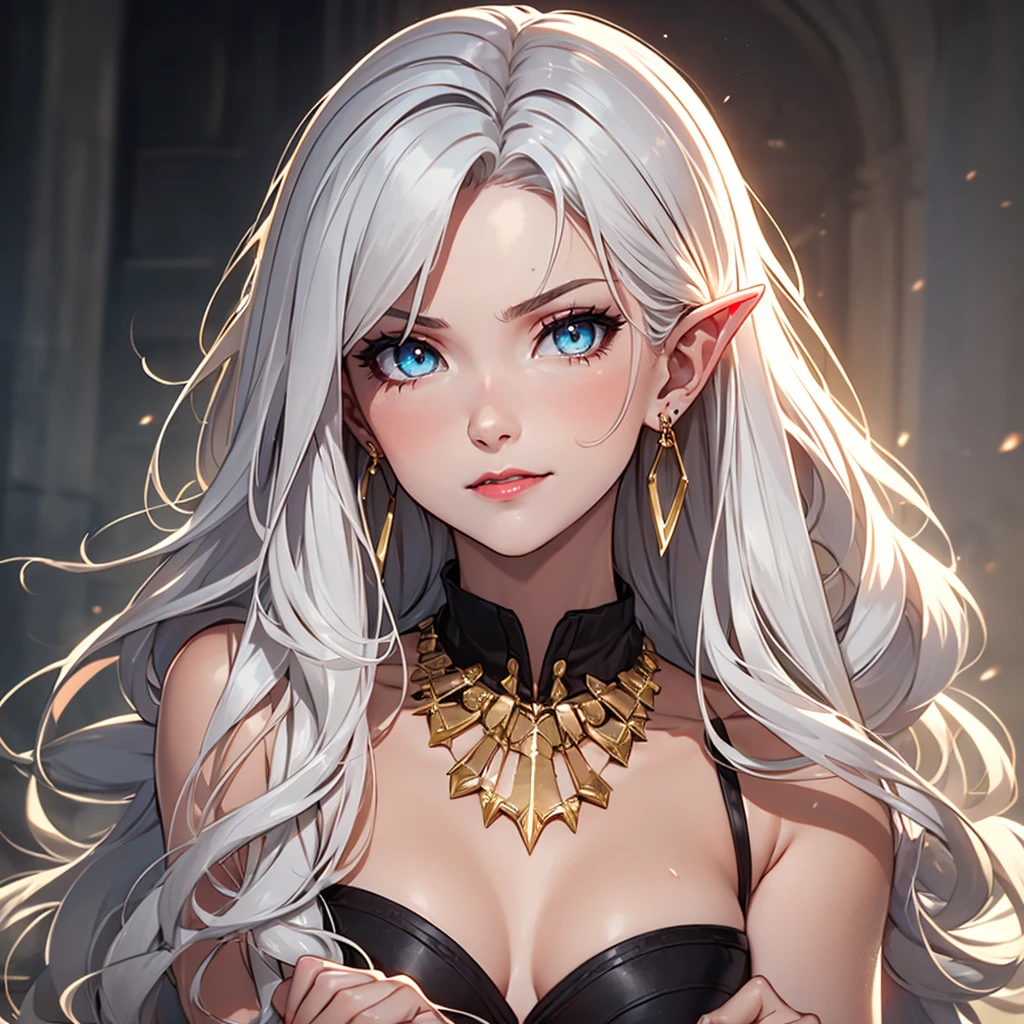 Beautiful girl, (Platinum hair), ((very long curly hair)), face perfect, innocent smirk, trunk,(cerulean eyes), (yan), (mic), (slim), ((flat-chested)), ((21 years old)), skin denture, extreme detail, charming oval face, Red lips, Pink, shining skin, detailed hair, Facial Focus, Close-up chest, gold decorative necklace, gold earrings, ((1 girl)), Embarrassed expression, elf ears