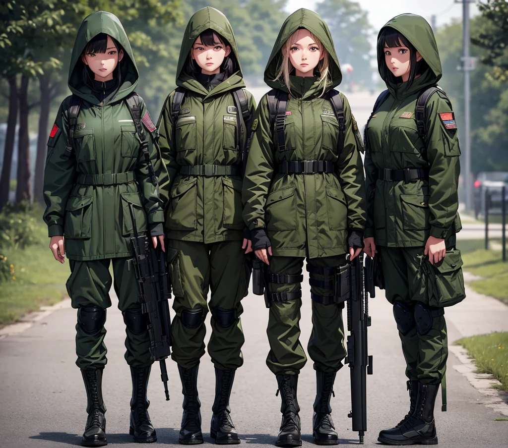 A group of female soldiers standing side by side、All wear dark green M-51 hooded military uniforms、Hooded on head、Military Pants、Only the upper part of the leg is shown,Write details、masterpiece、best quality、Highly detailed CG、8K picture quality