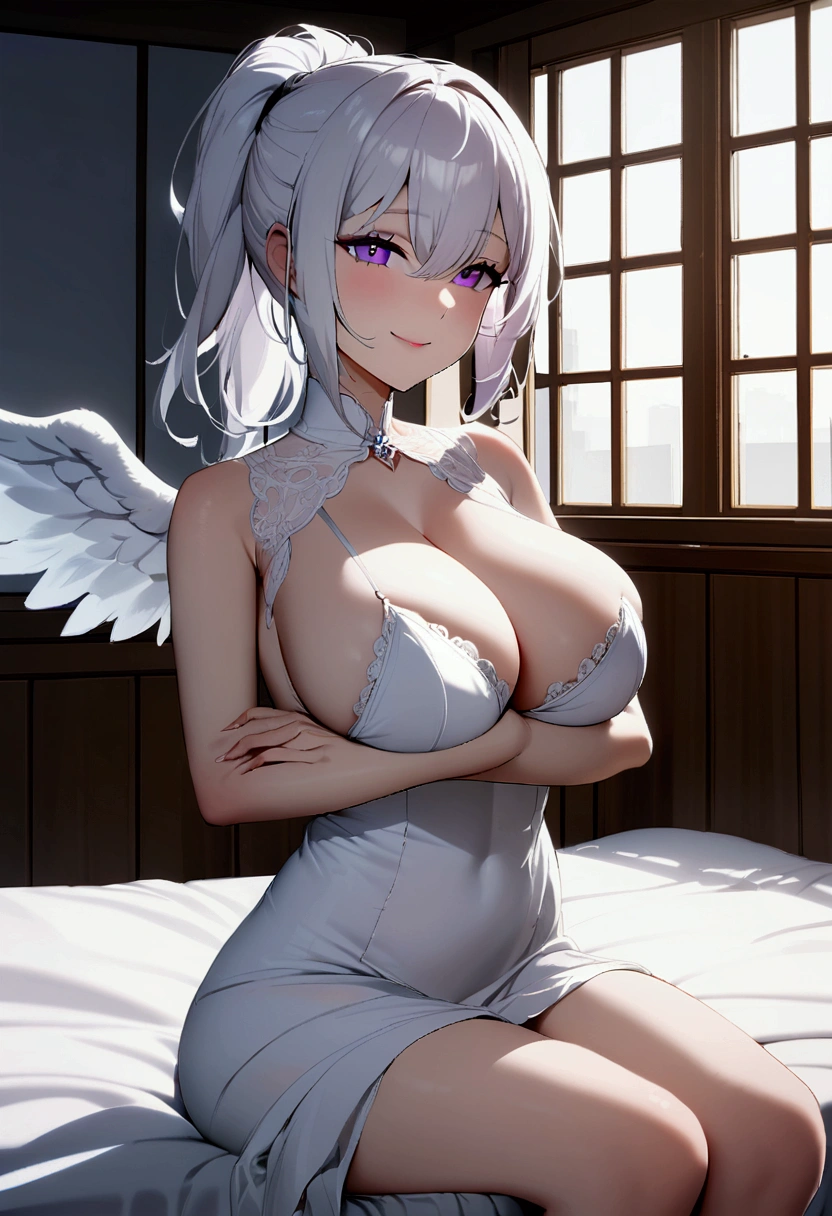 1girl, long white hair, ponytail, violet eyes,  angel white dress, big breasts, indoors, living room, smiling, Lustful smile, wings on back, sitting on bed, hands under breasts