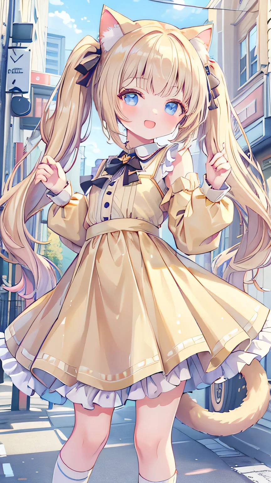 masterpiece, best quality, 4k, caustics, high details, 1girl, smile, cute, standing, smile, open mouth, cat ear, gold long hair, twintails, milky white sundress, flat chest, miniskirt, socks, loafer, cat tail, street