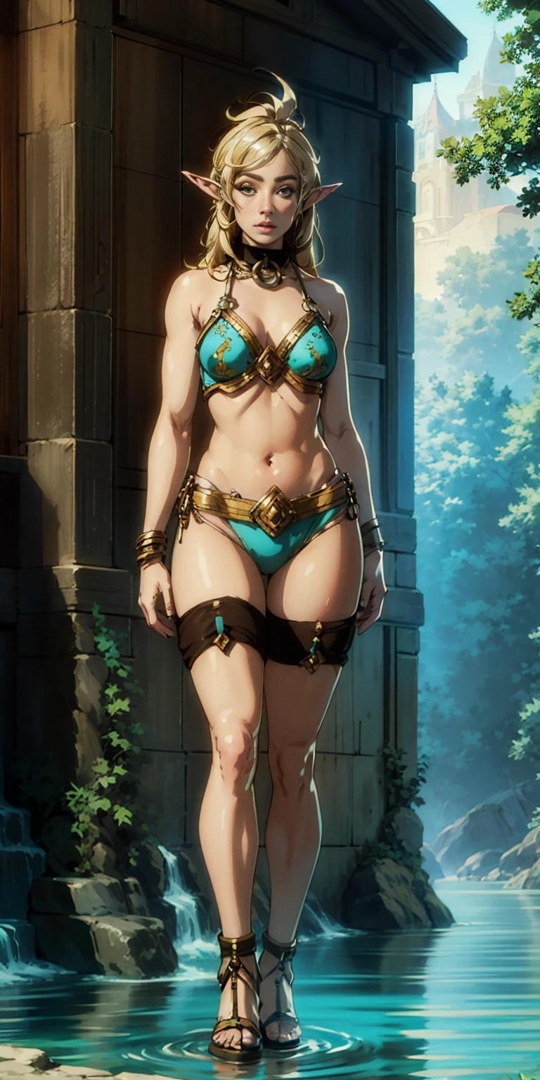 Extremely detailed Artgerm style: This sets the overall artistic style with a high level of detail. Fantasy art: This specifies the genre. Goddess of the green forest: This defines the character's role and gives context to the setting. Woman with long, elf ears: This incorporates the elf features. Black skin: This specifies the character's race. Ornate bikini armor: This combines the skimpy clothing with a fantastical, protective element. Blue high heels standing straight symmetrical: This suggests the color of the bikini and potentially the water body. Long, messy blonde hair: This adds a detail that contrasts the Artgerm style, which is typically more polished for hair.