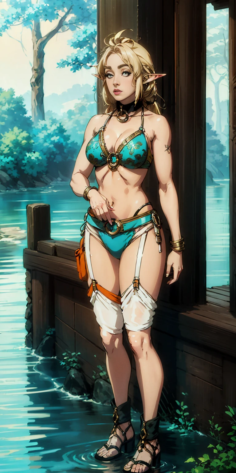Extremely detailed Artgerm style: This sets the overall artistic style with a high level of detail. Fantasy art: This specifies the genre. Goddess of the green forest: This defines the character's role and gives context to the setting. Woman with long, elf ears: This incorporates the elf features. Black skin: This specifies the character's race. Ornate bikini armor: This combines the skimpy clothing with a fantastical, protective element. Blue high heels standing straight symmetrical: This suggests the color of the bikini and potentially the water body. Long, messy blonde hair: This adds a detail that contrasts the Artgerm style, which is typically more polished for hair.