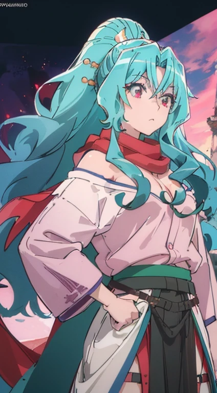((surreal photo, 8k Ultra HD, professional photos, Full details from clothes to face, eyes full of life, pink eye color, work of art, goddess of beauty)).Tomoe is an extremely beautiful young woman, with waist-length wavy turquoise hair. (looks like fog) tied into a ponytail with a strand of chest-length hair hanging to the left while she wore short bangs. hanging on both sides, Red reptilian eyes and round body. - In the background there is a clear blue sky. posando