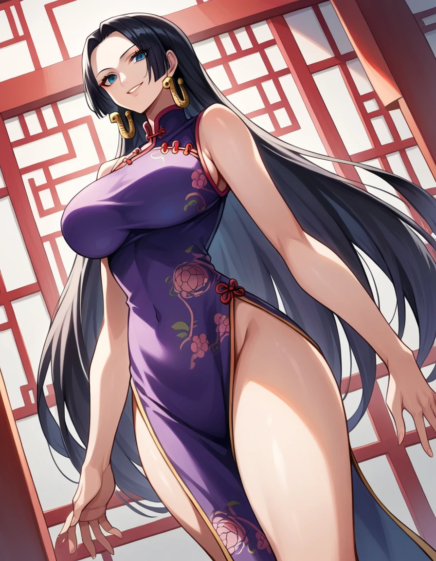 score_9, score_8_up, source_anime, best quality, clear face, Boa Hancock, black hair, blue eyes, long hair, forehead, large breasts, standing, looking at viewer, china dress, purple clothes, indoor, dynamic angle, smile