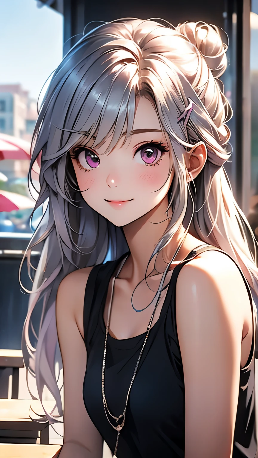 1girl、ultra long silver hair tied in a bun with a hair clip, Pink Eyes、smile、really like、Pink tank top、hot pants、Upper body close-up、Morning Cafe Terrace、Background blur, Written boundary depth