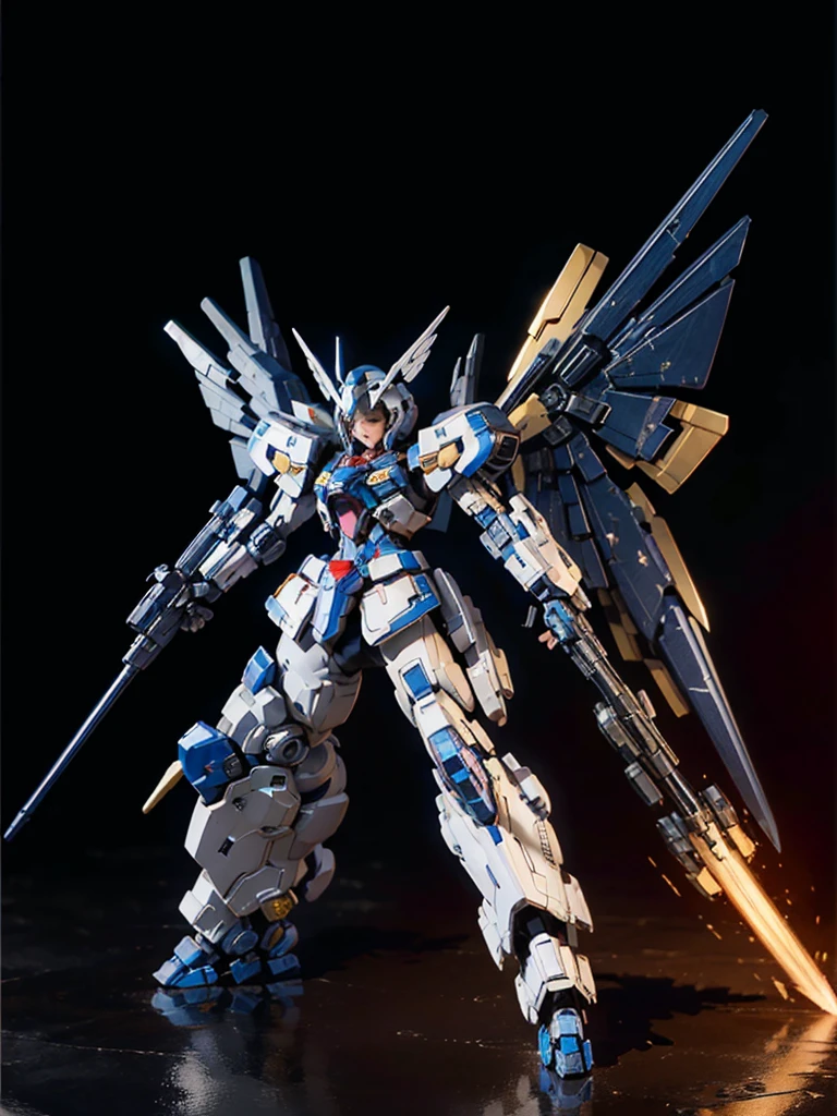 masterpiece,top-quality,Ultra-detail,very detailed illustration,ighly detailed,intricate-detail,hight resolution,super complex details,Highly detailed 8k CG wallpapers, mecha musume, machine components, Robot Joint, head gear, 1girl in,solo, mecha musume, red blush,is standing,cowboy shot, starryskybackground, Background with, Shining black metallic armor、Symmetrical Full Armor、Symmetrical mechanical wing、Funnel mounting、highleg, A smile,Being in the air、are flying、Holding a beam rifle and firing in flight、Sniping with a beam rifle in flight、