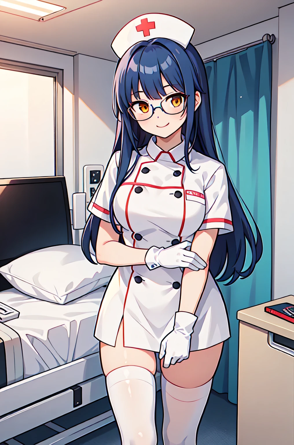 1girl, solo, nurse, nurse cap, white nurse uniform, ((white legwear, zettai ryouiki)), white gloves, glasses, blue hair, orange eyes, smile, standing, ((hospital room)), sharp outline, short sleeves, best quality, masterpiece