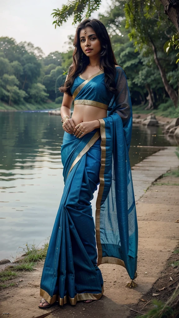 Create 25 years old sexy India women ware Saree, blue and black. Background is lake in forest.